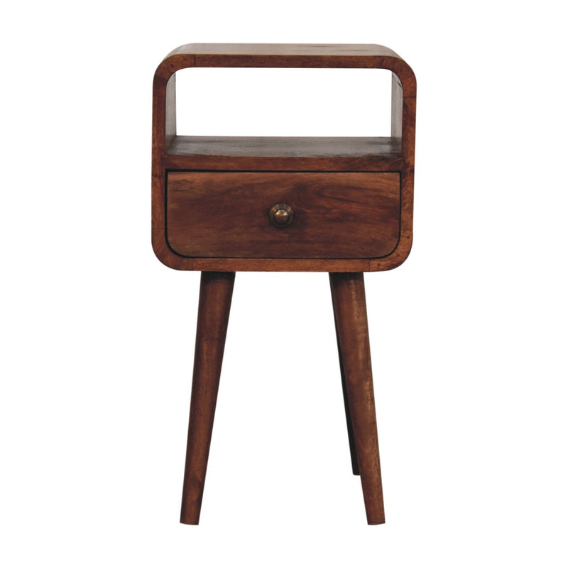Mini Honey Caramel Curved Bedside Nightstand with Open Slot Artisan