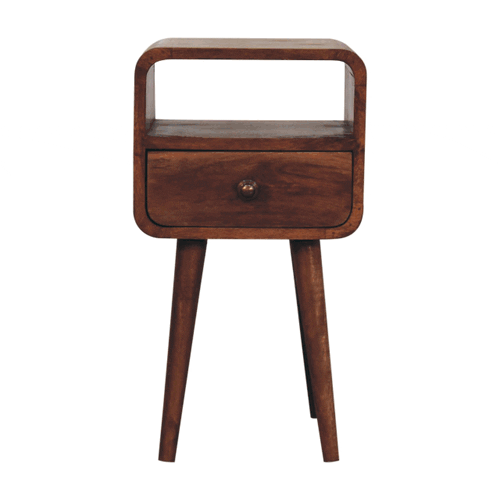 Mini Honey Caramel Curved Bedside Nightstand with Open Slot Artisan