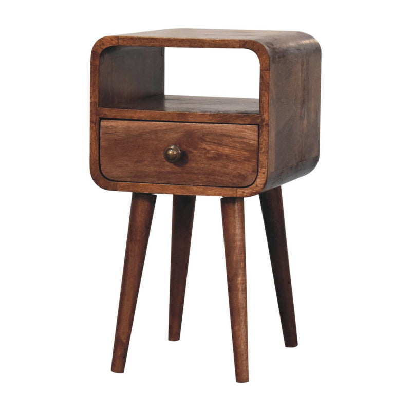 Mini Honey Caramel Curved Bedside Nightstand with Open Slot Artisan