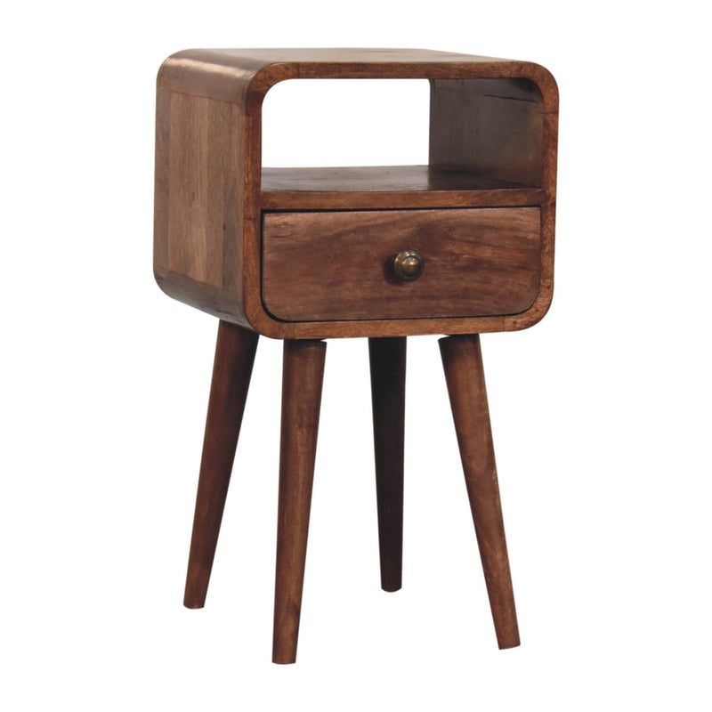 Mini Honey Caramel Curved Bedside Nightstand with Open Slot Artisan