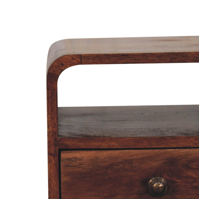 Mini Honey Caramel Curved Bedside Nightstand with Open Slot Artisan