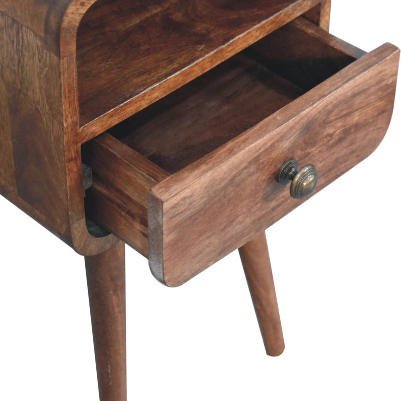 Mini Honey Caramel Curved Bedside Nightstand with Open Slot Artisan