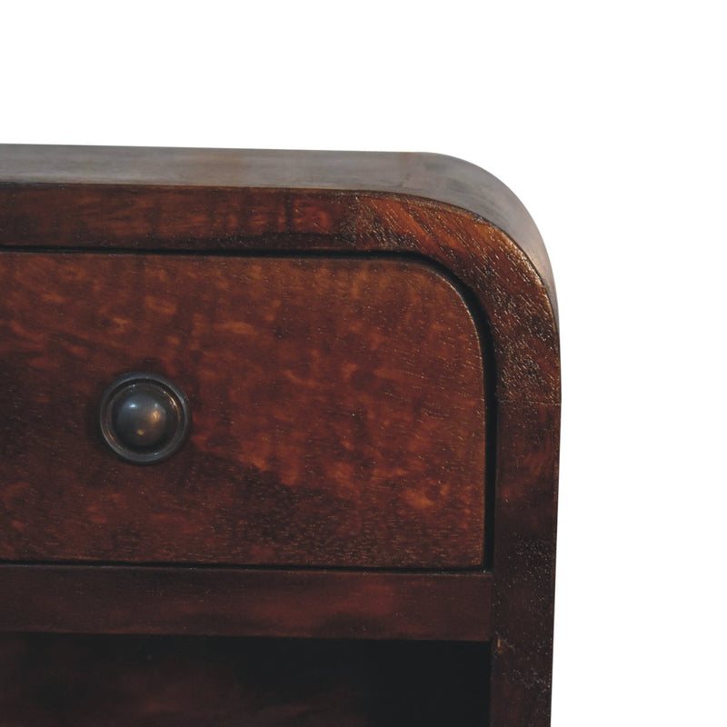 Extra Mini Curved Chestnut Bedside Nightstand with Open Slot Artisan