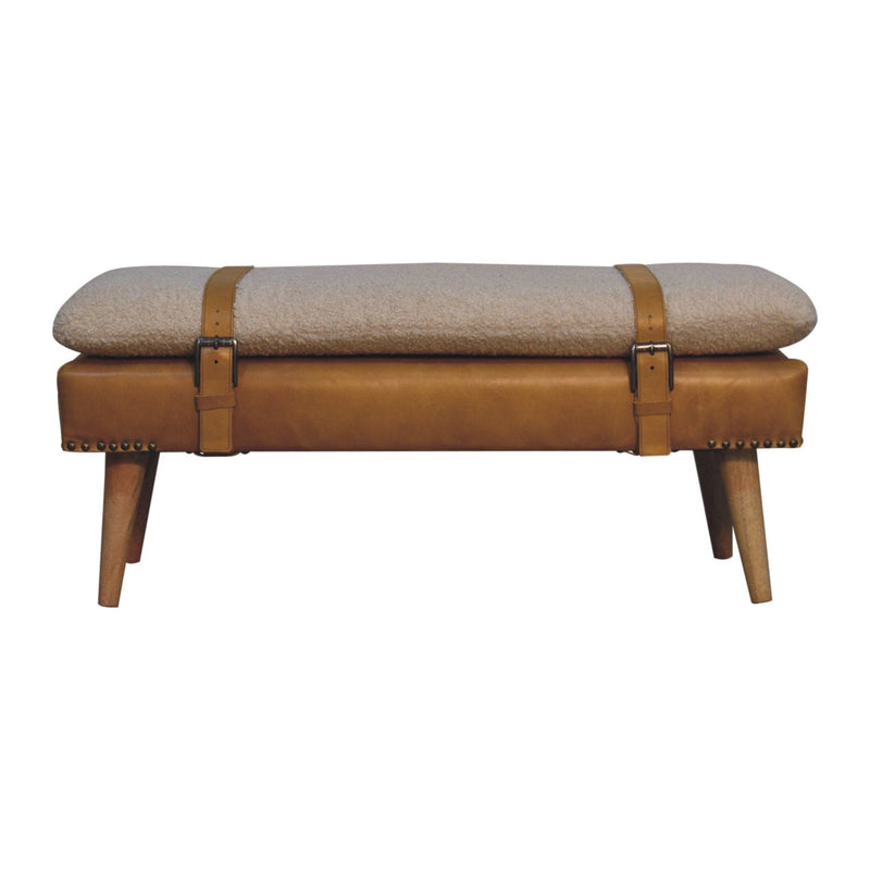 Boucle Buffalo Hide Olive Green Leather Bench Artisan