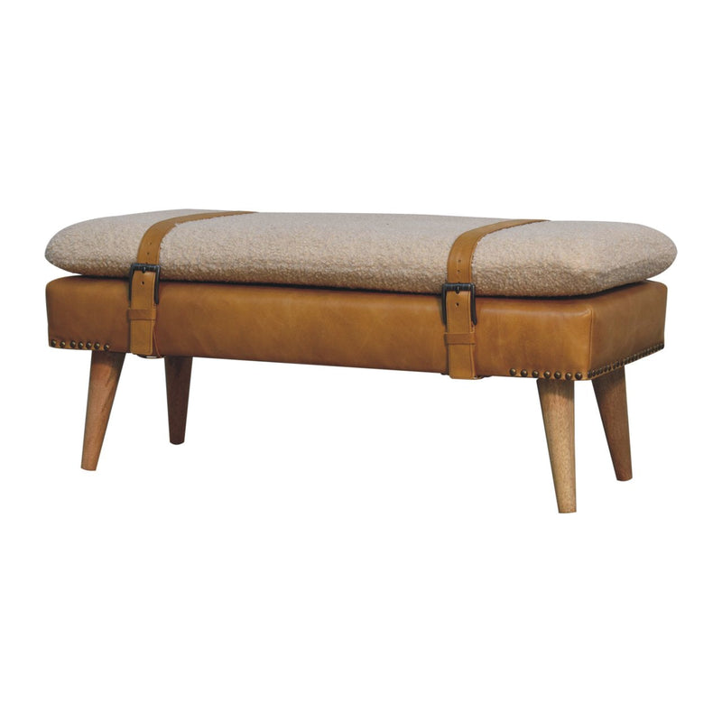 Boucle Buffalo Hide Olive Green Leather Bench Artisan
