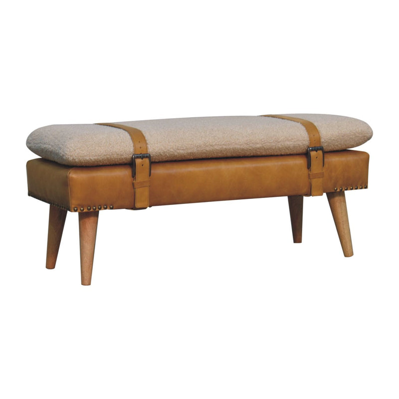 Boucle Buffalo Hide Olive Green Leather Bench Artisan