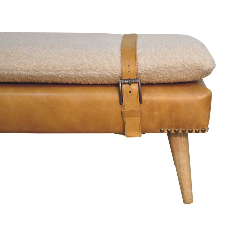 Boucle Buffalo Hide Olive Green Leather Bench Artisan