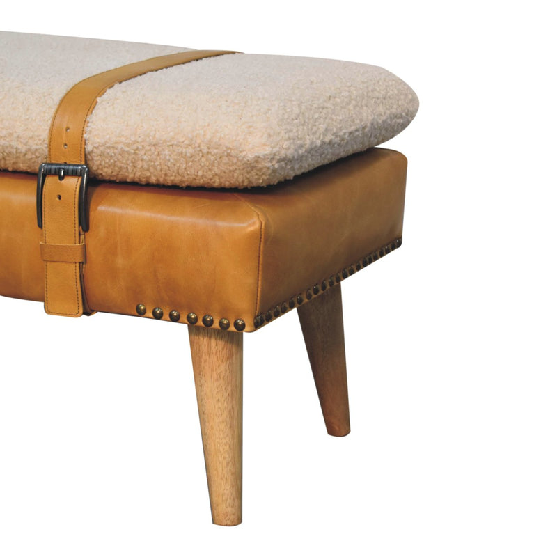 Boucle Buffalo Hide Olive Green Leather Bench Artisan