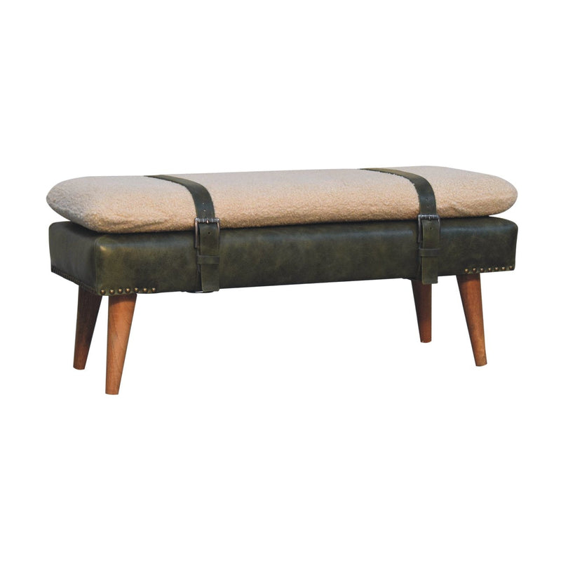 Boucle Buffalo Hide Olive Green Leather Bench Artisan