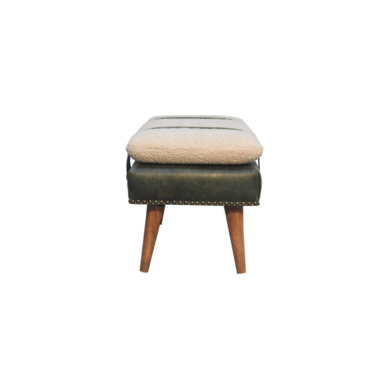 Boucle Buffalo Hide Olive Green Leather Bench Artisan
