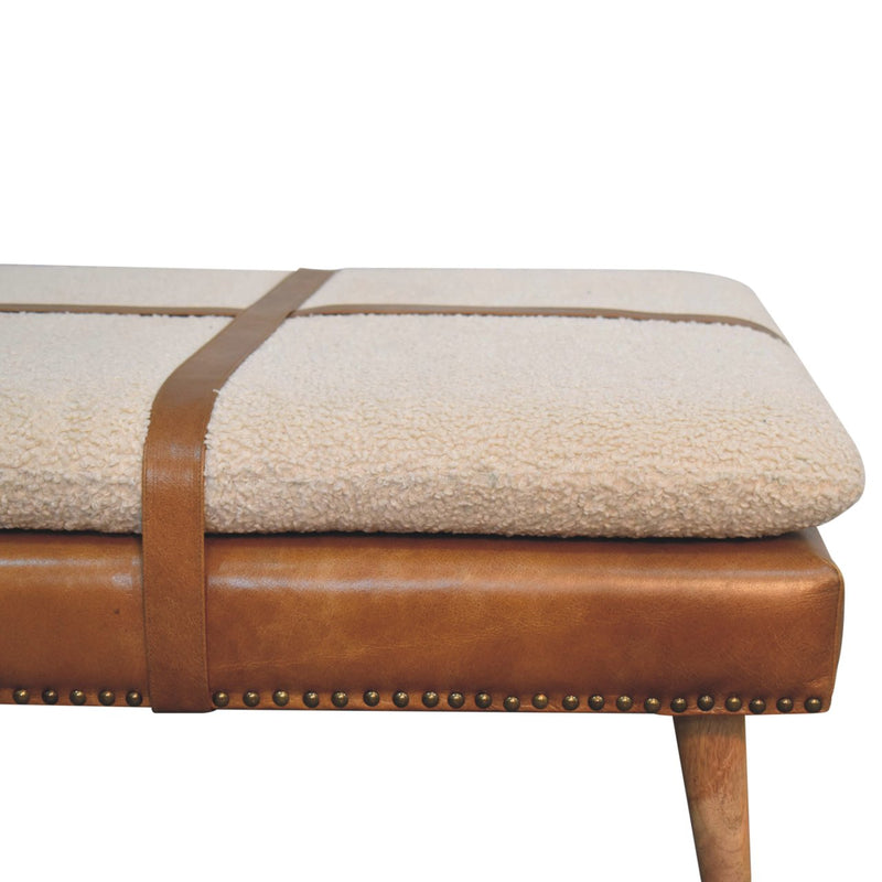 Large Square Boucle Buffalo Hide Brown Leather Footstool
