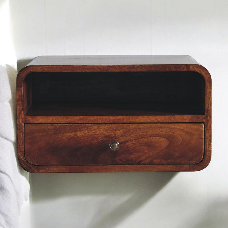 Large Chestnut Curve Upper Slot Floating Bedside Nightstand Artisan