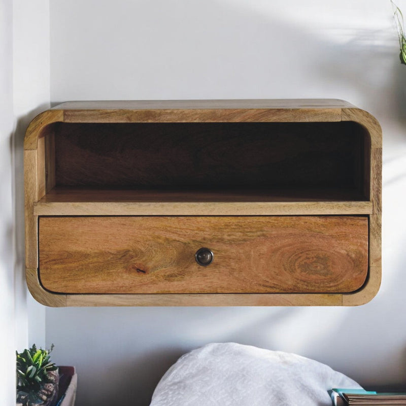 Large Oak-ish Curve Upper Slot Floating Bedside Nightstand Artisan