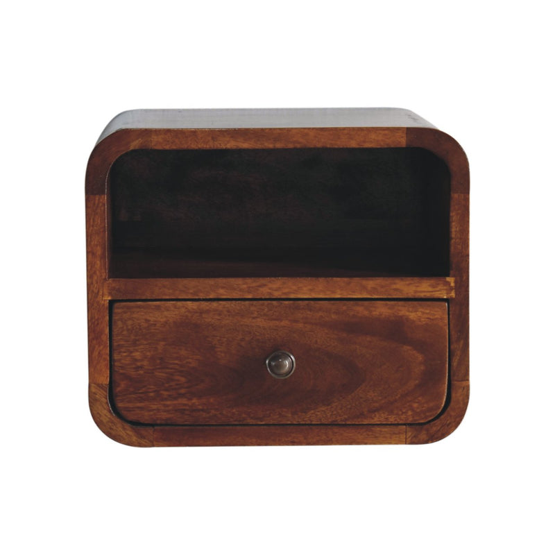 Extra Mini Wall Mounted Curved Chestnut Bedside Nightstand with Open Slot Artisan