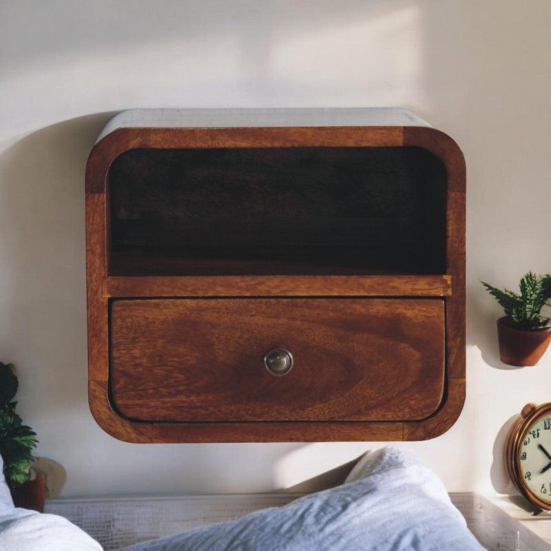 Extra Mini Wall Mounted Curved Chestnut Bedside Nightstand with Open Slot Artisan
