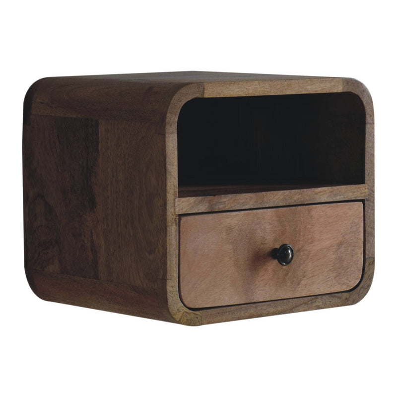 Extra Mini Wall Mounted Curved Oak-ish Bedside Nightstand with Open Slot Artisan