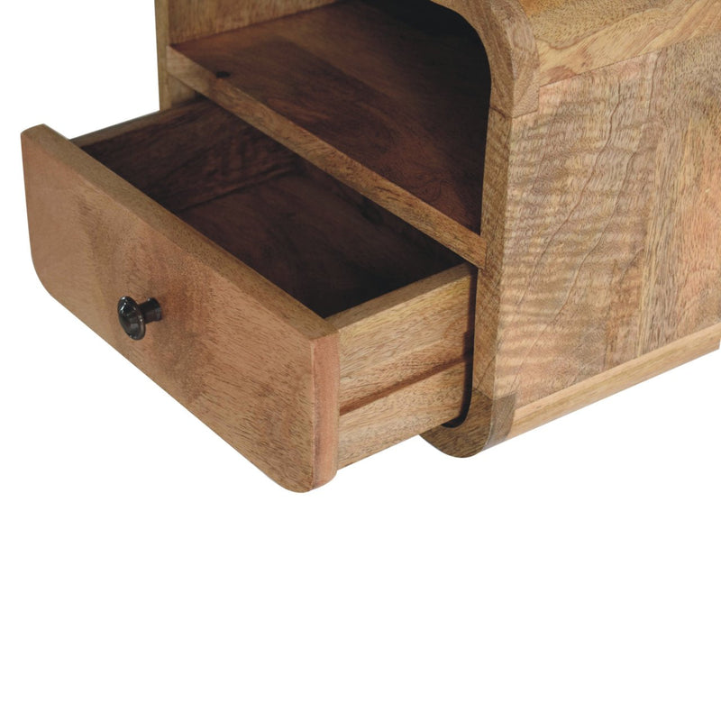 Extra Mini Wall Mounted Curved Oak-ish Bedside Nightstand with Open Slot Artisan