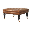 Studded Buffalo Tan Leather Ottoman with Castor Legs Artisan