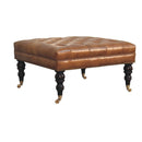 Studded Buffalo Tan Leather Ottoman with Castor Legs Artisan