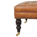 Studded Buffalo Tan Leather Ottoman with Castor Legs Artisan