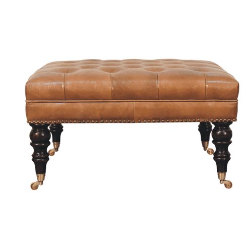 Studded Buffalo Tan Leather Ottoman with Castor Legs Artisan