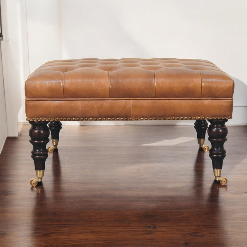 Studded Buffalo Tan Leather Ottoman with Castor Legs Artisan