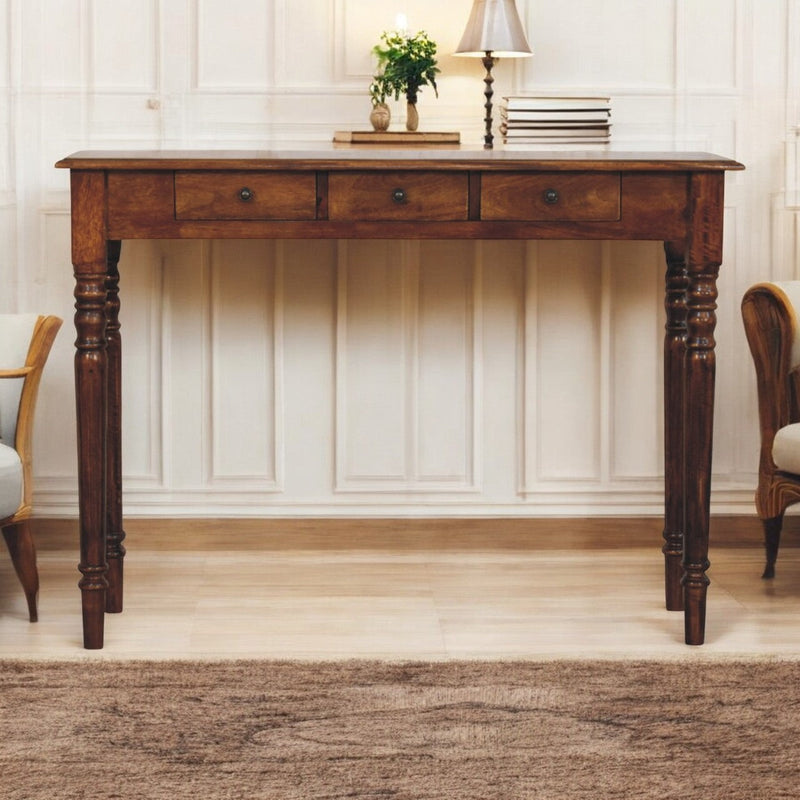 Turned Legs 3 Drawer Chestnut Console Table Artisan