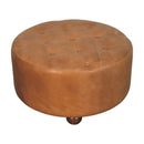 Brown Buffalo hide leather Round Ottoman Artisan