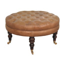 Brown Buffalo Leather Round Ottoman with Castor Legs Artisan