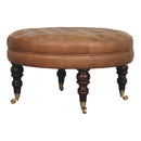 Brown Buffalo Leather Round Ottoman with Castor Legs Artisan