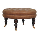 Brown Buffalo Leather Round Ottoman with Castor Legs Artisan