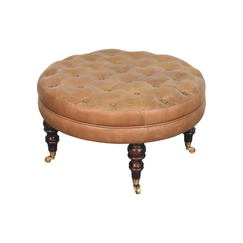 Brown Buffalo Leather Round Ottoman with Castor Legs Artisan