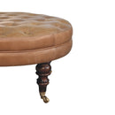 Brown Buffalo Leather Round Ottoman with Castor Legs Artisan