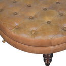 Brown Buffalo Leather Round Ottoman with Castor Legs Artisan