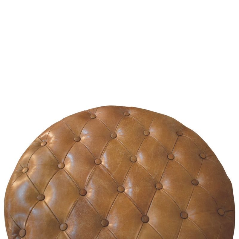 Brown Buffalo Leather Round Ottoman with Castor Legs Artisan