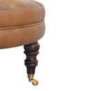 Brown Buffalo Leather Round Ottoman with Castor Legs Artisan