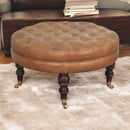 Brown Buffalo Leather Round Ottoman with Castor Legs Artisan