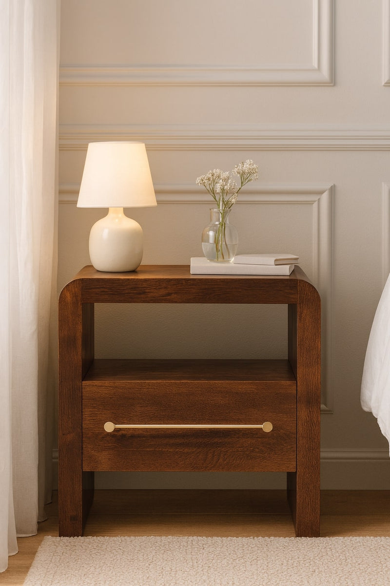 Tiger Oak Open Bedside Nightstand with Brass Handle Artisan