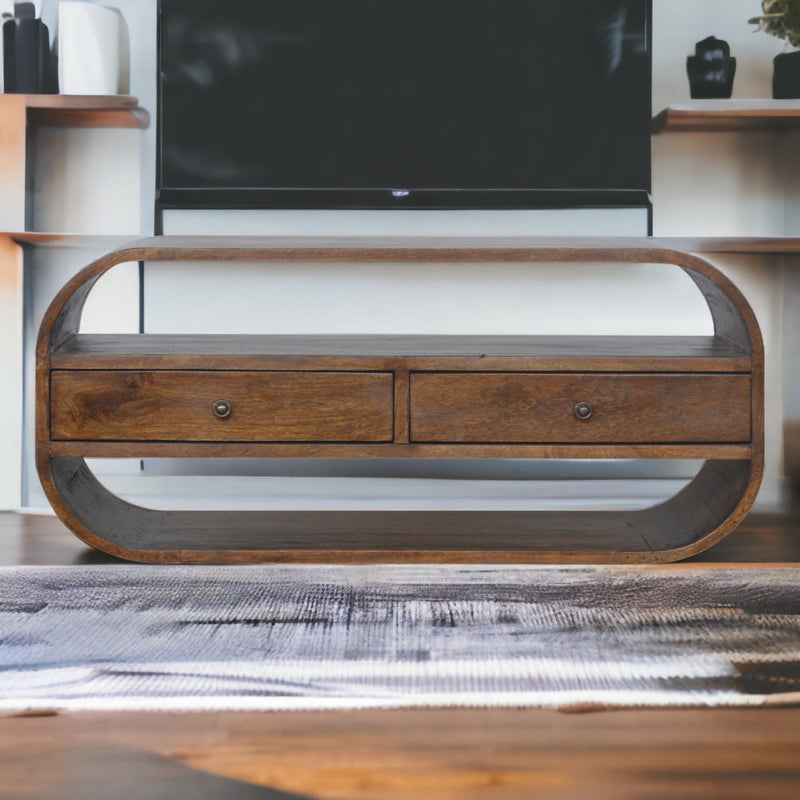 Chestnut Curved Edge Media Unit with 2 Drawers Artisan