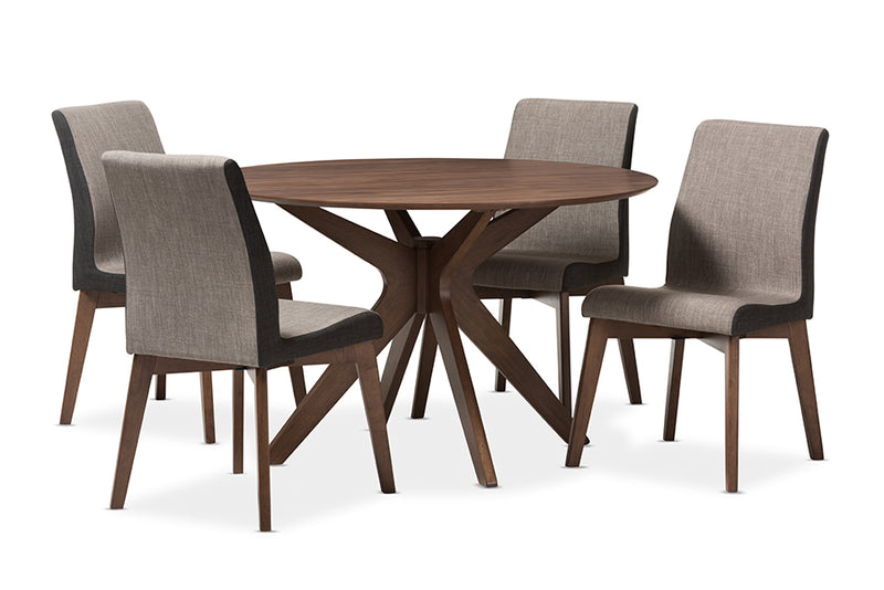 Sariah Mid-Century Modern Walnut Wood Round 5-Piece Dining Set