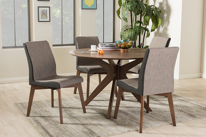 Sariah Mid-Century Modern Walnut Wood Round 5-Piece Dining Set