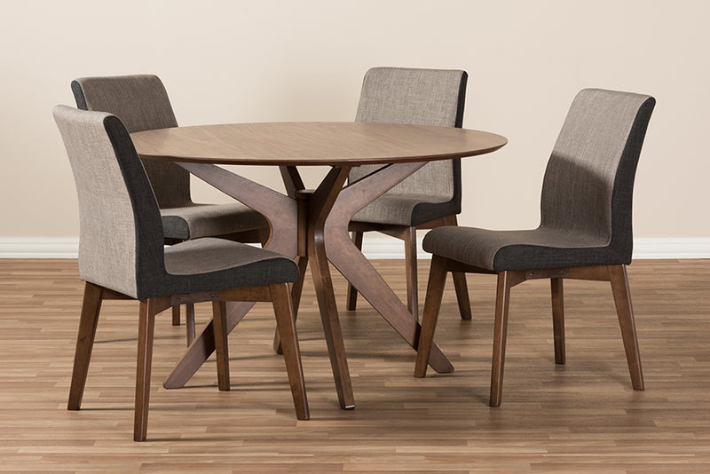 Sariah Mid-Century Modern Walnut Wood Round 5-Piece Dining Set