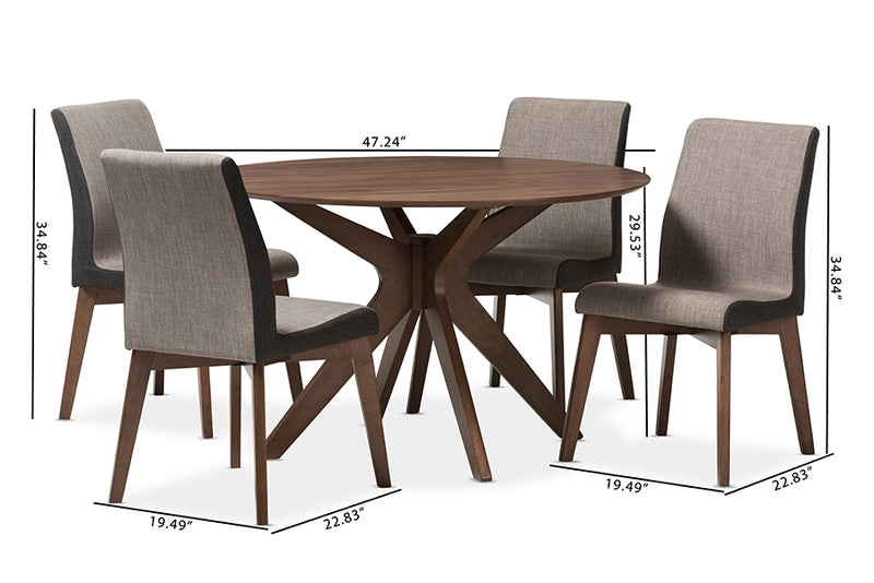 Sariah Mid-Century Modern Walnut Wood Round 5-Piece Dining Set