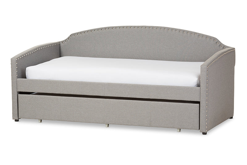 Aubrianne Modern and Contemporary Gray Fabric Nail Heads Trimmed Arched Back Sofa Twin Daybed w/Roll-Out Trundle Guest Bed