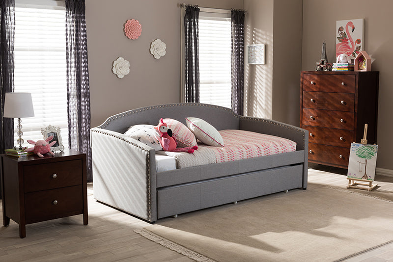 Aubrianne Modern and Contemporary Gray Fabric Nail Heads Trimmed Arched Back Sofa Twin Daybed w/Roll-Out Trundle Guest Bed