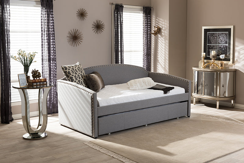 Aubrianne Modern and Contemporary Gray Fabric Nail Heads Trimmed Arched Back Sofa Twin Daybed w/Roll-Out Trundle Guest Bed