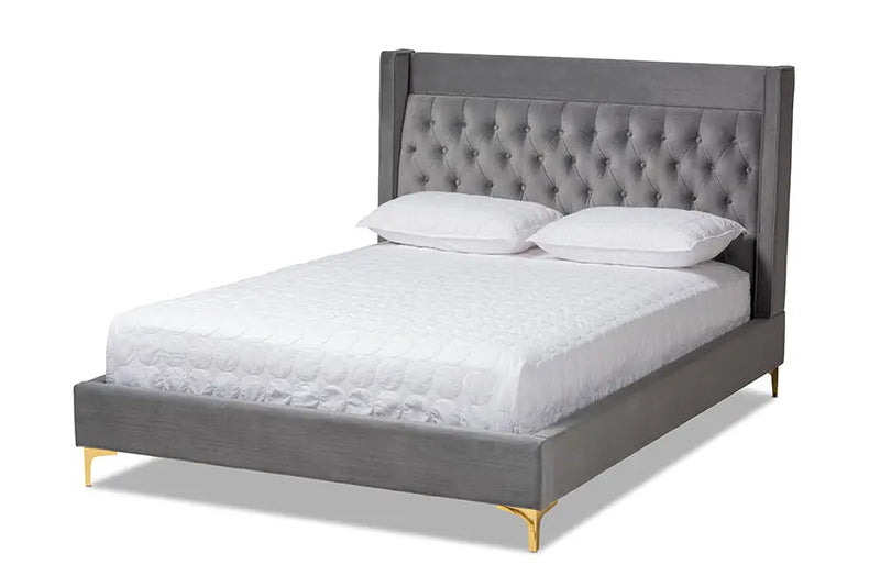 Leilani Dark Gray Velvet Fabric Platform Bed w/Gold-Legs (King) iHome Studio