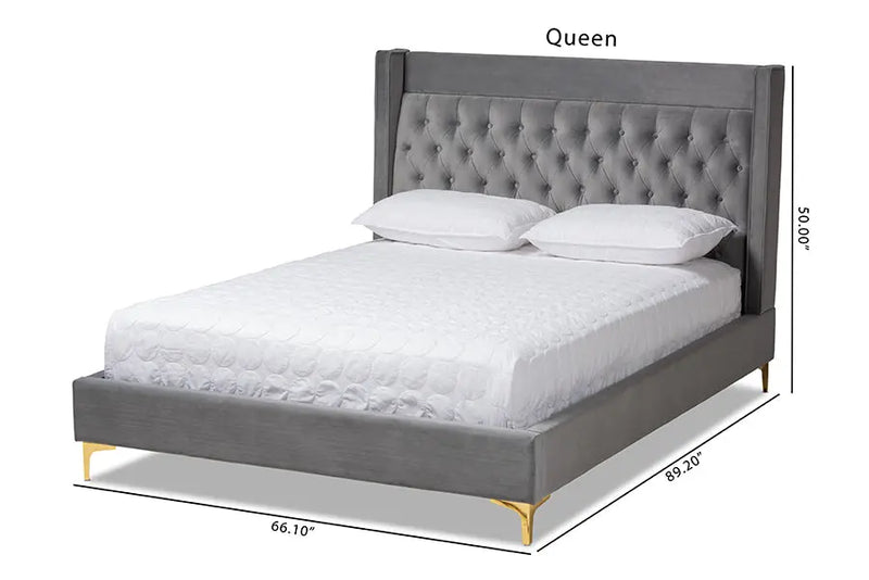 Leilani Dark Gray Velvet Fabric Platform Bed w/Gold-Legs (King) iHome Studio