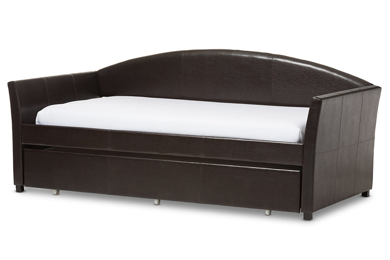 Callum Modern and Contemporary Brown Faux Leather Arched Back Sofa Twin Daybed w/Roll-Out Trundle Guest Bed