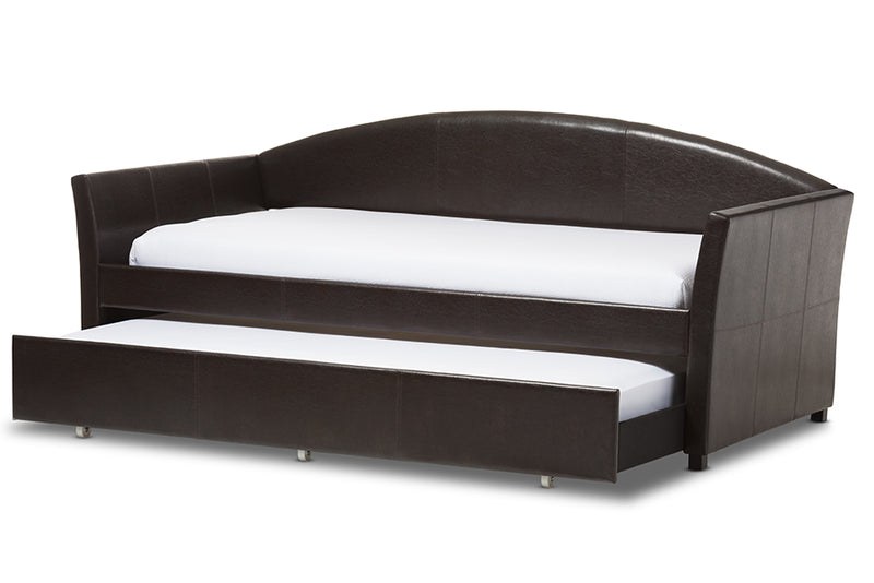 Callum Modern and Contemporary Brown Faux Leather Arched Back Sofa Twin Daybed w/Roll-Out Trundle Guest Bed